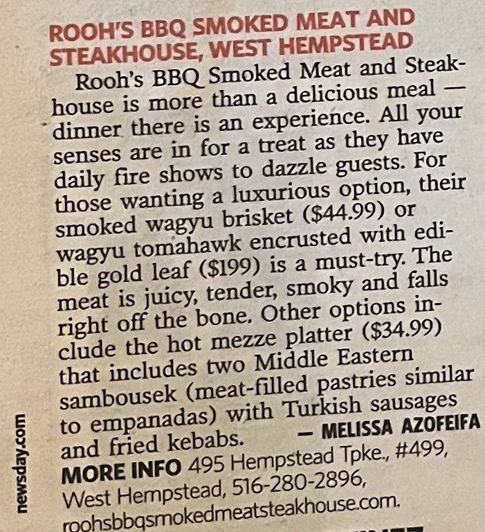 Rooh's BBQ Smoked Meat and Steakhouse entry in Newsday's best Long Island eats of 2025, December 18, 2025
