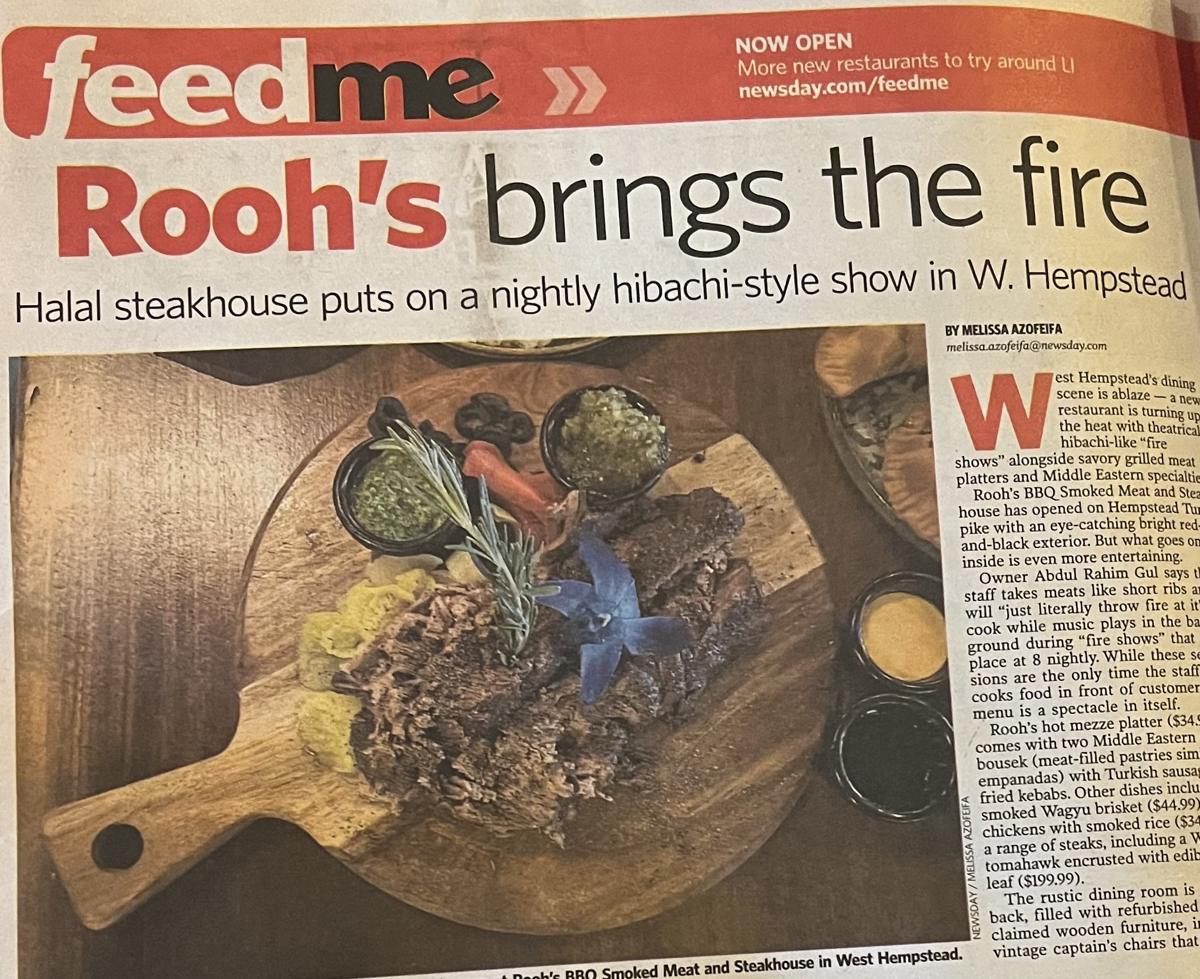 Newsday's feedme page from September 4, 2025, headlined Rooh's brings the fire, with a photo of the smoked Wagyu brisket on a wooden board