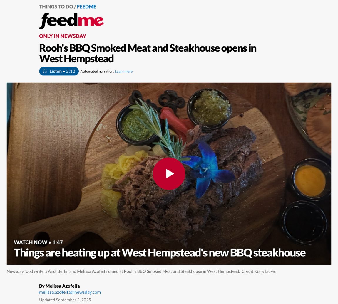 Newsday's online article, Rooh's BBQ Smoked Meat and Steakhouse opens in West Hempstead, with a photo of the smoked Wagyu brisket